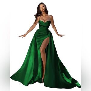 Emerald Green Slit Satin Prom Dress Long Mermaid Ball Gown Formal Evening